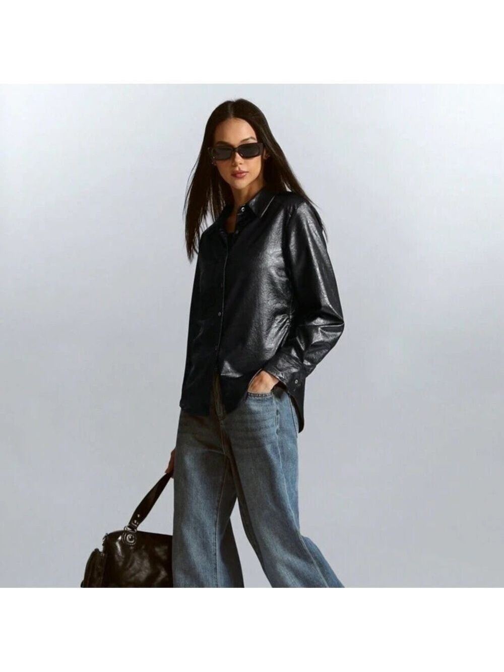 Steele Faux Cotton and PU Leather Black Button Up Shirt Jacket